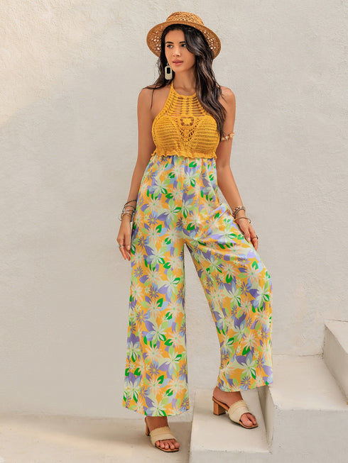 Openwork Halter Neck Floral Wide Leg Jumpsuit - Odaingerous